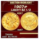 1907-p Gold Liberty Quarter Eagle $2 1/2 ms67 SEGS