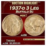 1937-d 3 Leg Buffalo Nickel 5c au58 SEGS