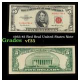 1953 $5 Red Seal United States Note Grades vf++