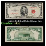 1953 $5 Red Seal United States Note Grades vf++