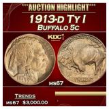 1913-d Ty I Buffalo Nickel 5c ms67 SEGS