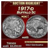 1917-d Buffalo Nickel 5c ms65 SEGS