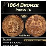 1864 Bronze Indian Cent 1c ms65+ rb SEGS