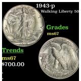 1943-p Walking Liberty Half Dollar 50c Grades GEM+