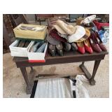 Piano bench, shoes, hats, etc