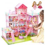 CUTE STONE 11 Rooms Huge Dollhouse with 2 Dolls