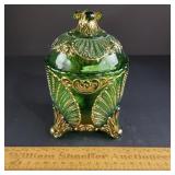 Geneva Glass Green & Gold Sugar Bowl 6 & 3/8" H