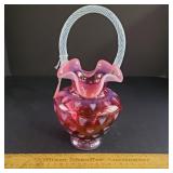 Fenton Glass Cranberry Heart Optic Basket Vase #d