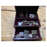 Silverware chest with pins, compass & misc items