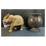 Wooden Elephant & Crackle Glass Candleholder