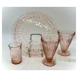 Pink Depression Glassware, Cake Plate, Tumblers