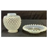 Opalescent Hobnail Vase & Scalloped Edge Dish