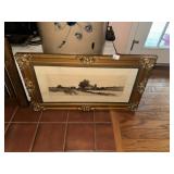 Vintage Gold framed Farm House Scene