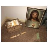 Vintage Sacred Heart of Jesus & Sewing Basket