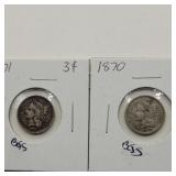 2- 1870 & 1871 SILVER 3 CENT COINS