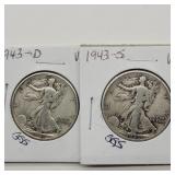 2- 1943 D & S WALKING LIBERTY HALF DOLLARS VF