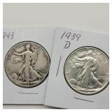 1943 & 1939 D WALKING LIBERTY HALF DOLLARS