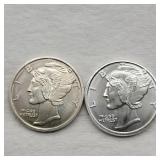 2- 1 oz FINE SILVER ROUNDS MERCURY DESIGN STYLE