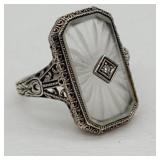 SZ 9, 925 SILVER DIAMOND & FROSTED QUARTZ RING