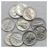 10- MERCURY SILVER DIMES BU