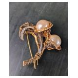 Vintage Damascene Style Brooch With Faux Pearl