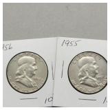 1955 & 1956 FRANKLIN SILVER HALF DOLLARS