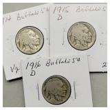 1914, 1915D & 1916D BUFFALO NICKELS