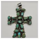 STERLING SILVER TURQUOISE SIGNED CROSS 3.25"