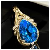 14K Yellow Gold Pendant, Diamonds & Blue Topaz