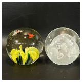 2 Art Glass Paperweights Flower & Butterflies +