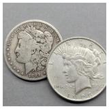 1889 O MORGAN & 1923 D PEACE SILVER DOLLARS