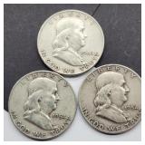 1948, 1954D & 1954D FRANKLIN SILVER HALF DOLLARS