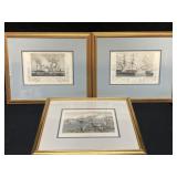 3 ENGRAVINGS MILITARY SHIPS FRAMED