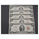 Five Consecutive UNC 1963 Red Seal $2 Notes