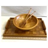 Wooden service tray/bowl/utensils