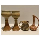 4 VTG Clay Pottery Pieces - 2 Wine Goblets,