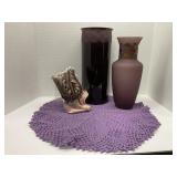 2 Large Purple Vases, Wall Pocket & Doily