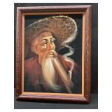 Oil on Black Portrait of Oriental Man W/Opium Pipe