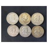 6 Silver Franklin Half Dollars