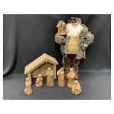 VTG Carved Nativity w/Stable & Outdoor Santa