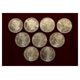 9pcs Morgan Silver Dollars, 1880-S, 1881, 1882