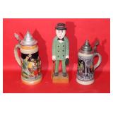 3pc Lot; 2 German Steins & Carved 12" Lawyer