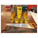 8 Unopened Cans of Pennzoil Oil and 2 hand saws