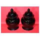 Pair of Black Ginger Jars (repair on one lid) 13"