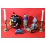 7pc Cloisonne Lot; 8" Peacock Vase, Lidded Ginger