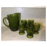 Green glass pitcher & glasses