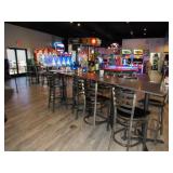 9 WOOD/METAL BAR HEIGHT TWO-TOP TABLES & BAR STOOL