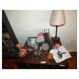 LAMP, BOOKS, PIGGY BANK, CAST IRON JACKS, DECOR