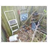 STEP STOOL, 2 STEEL POSTS, SNOW SHOVEL