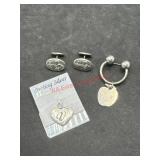 Sterling silver lot, cuff links, pin, charm